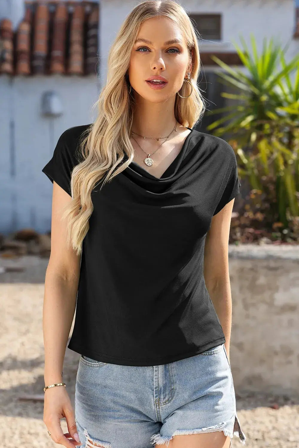 Cowl Neck Short Sleeve T Shirt for Women Casual Opaque Basic Top - Love Salve